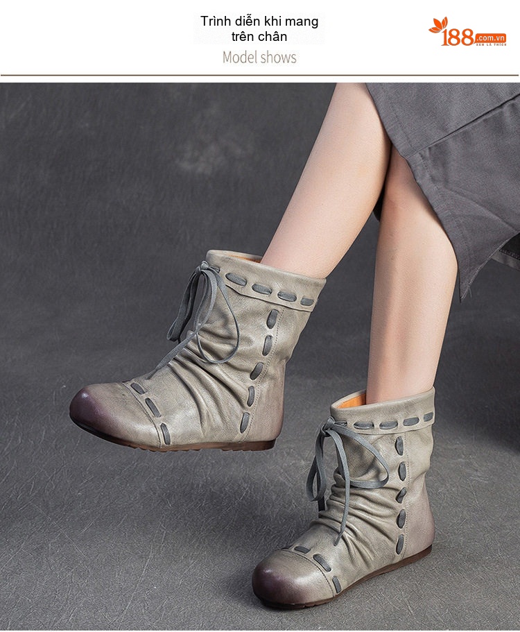 Boot Nữ Da Bò Cổ Lửng Dây Buộc Chiều Cao Đế Khoảng 2cm Màu Nâu, Xám chi tiết 7