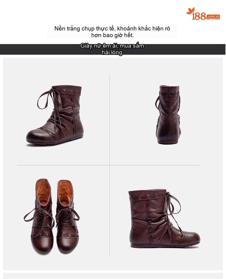 Boot Nữ Da Bò Cổ Lửng Dây Buộc Chiều Cao Đế Khoảng 2cm Màu Nâu, Xám chi tiết 16