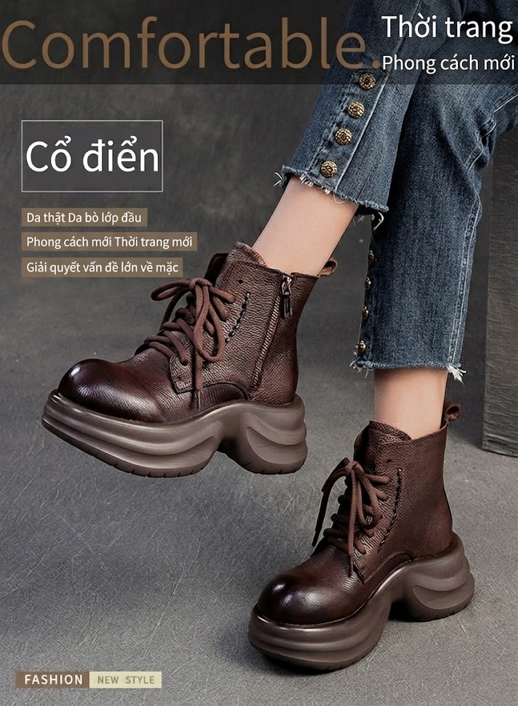 Boot Nữ Da Bò Cổ Lửng Dây Buộc Chiều Cao Đế Khoảng 6cm Màu Đen, Nâu chi tiết 1