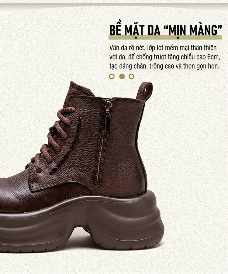 Boot Nữ Da Bò Cổ Lửng Dây Buộc Chiều Cao Đế Khoảng 6cm Màu Đen, Nâu chi tiết 3