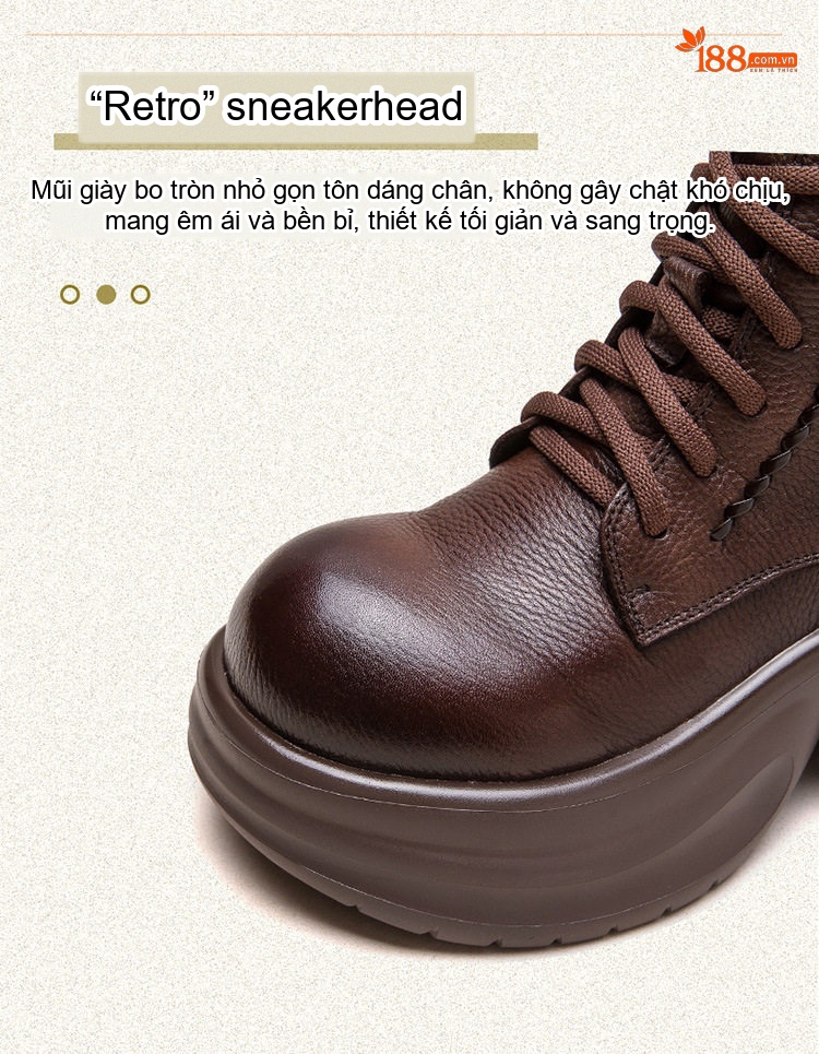 Boot Nữ Da Bò Cổ Lửng Dây Buộc Chiều Cao Đế Khoảng 6cm Màu Đen, Nâu chi tiết 4
