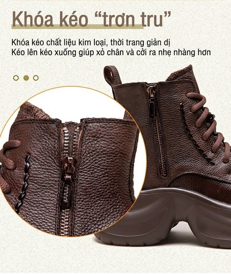 Boot Nữ Da Bò Cổ Lửng Dây Buộc Chiều Cao Đế Khoảng 6cm Màu Đen, Nâu chi tiết 7