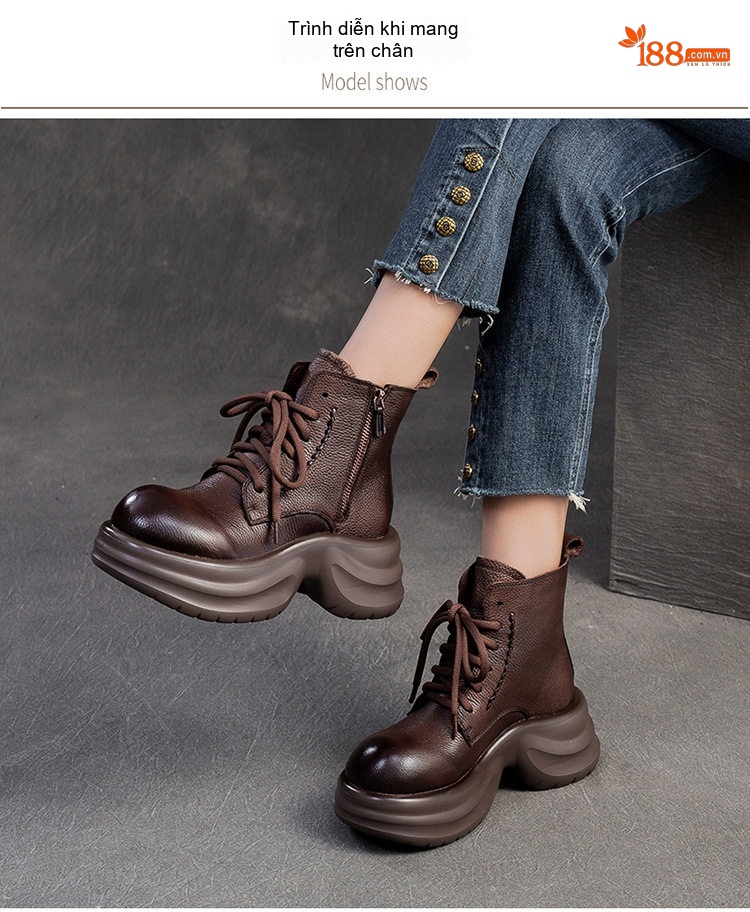 Boot Nữ Da Bò Cổ Lửng Dây Buộc Chiều Cao Đế Khoảng 6cm Màu Đen, Nâu chi tiết 8