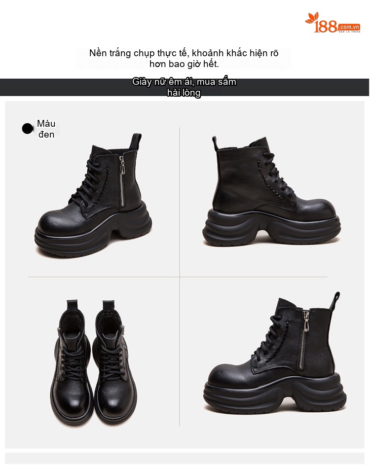 Boot Nữ Da Bò Cổ Lửng Dây Buộc Chiều Cao Đế Khoảng 6cm Màu Đen, Nâu chi tiết 17