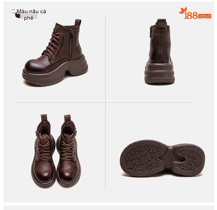 Boot Nữ Da Bò Cổ Lửng Dây Buộc Chiều Cao Đế Khoảng 6cm Màu Đen, Nâu chi tiết 18