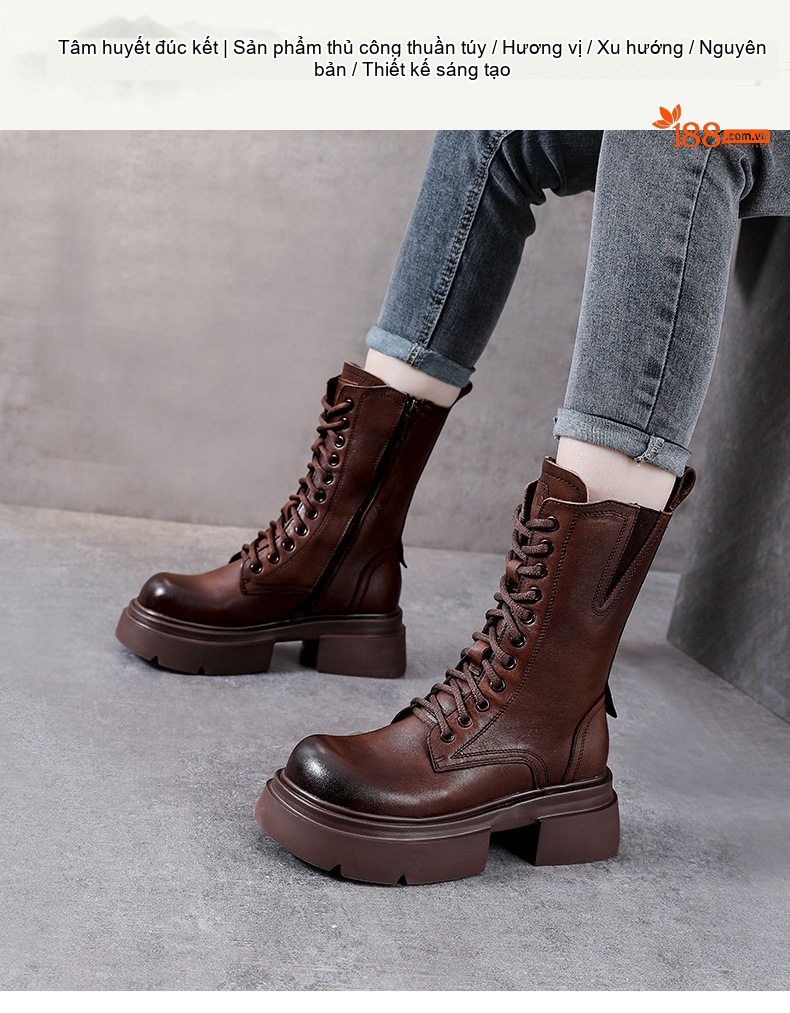 Boot Nữ Da Bò Cổ Lửng Dây Buộc Phong Cách Retro Anh Quốc Chiều Cao Đế Khoảng 5cm Màu Nâu, Đen chi tiết 1