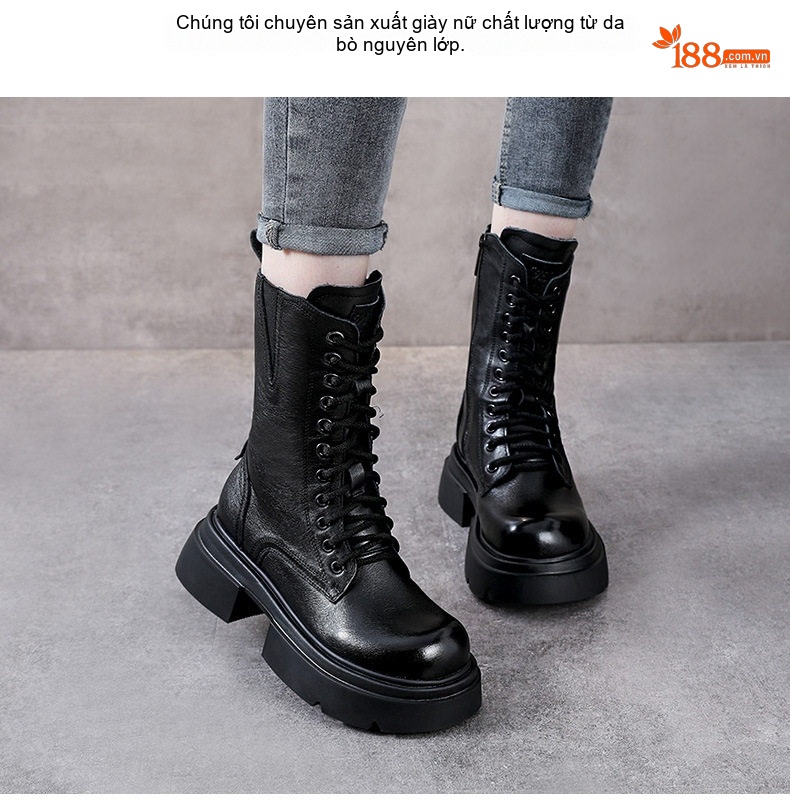 Boot Nữ Da Bò Cổ Lửng Dây Buộc Phong Cách Retro Anh Quốc Chiều Cao Đế Khoảng 5cm Màu Nâu, Đen chi tiết 2