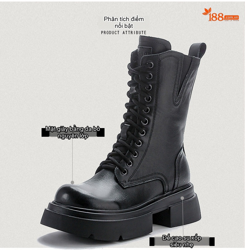 Boot Nữ Da Bò Cổ Lửng Dây Buộc Phong Cách Retro Anh Quốc Chiều Cao Đế Khoảng 5cm Màu Nâu, Đen chi tiết 3