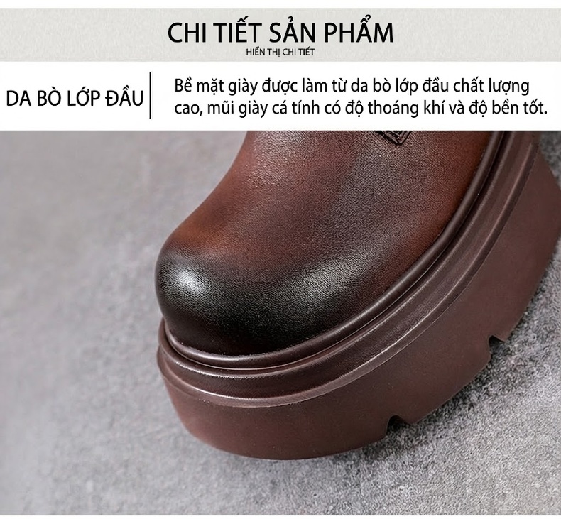 Boot Nữ Da Bò Cổ Lửng Dây Buộc Phong Cách Retro Anh Quốc Chiều Cao Đế Khoảng 5cm Màu Nâu, Đen chi tiết 4