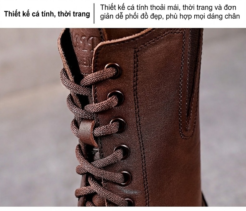 Boot Nữ Da Bò Cổ Lửng Dây Buộc Phong Cách Retro Anh Quốc Chiều Cao Đế Khoảng 5cm Màu Nâu, Đen chi tiết 5