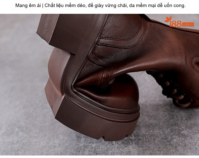 Boot Nữ Da Bò Cổ Lửng Dây Buộc Phong Cách Retro Anh Quốc Chiều Cao Đế Khoảng 5cm Màu Nâu, Đen chi tiết 8