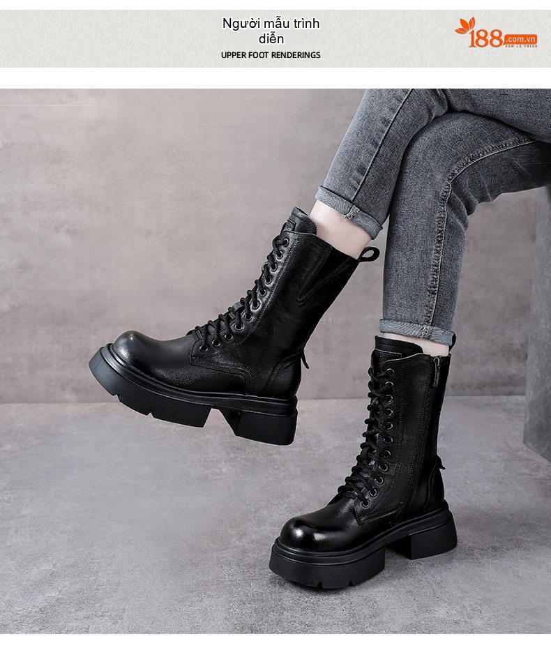 Boot Nữ Da Bò Cổ Lửng Dây Buộc Phong Cách Retro Anh Quốc Chiều Cao Đế Khoảng 5cm Màu Nâu, Đen chi tiết 9