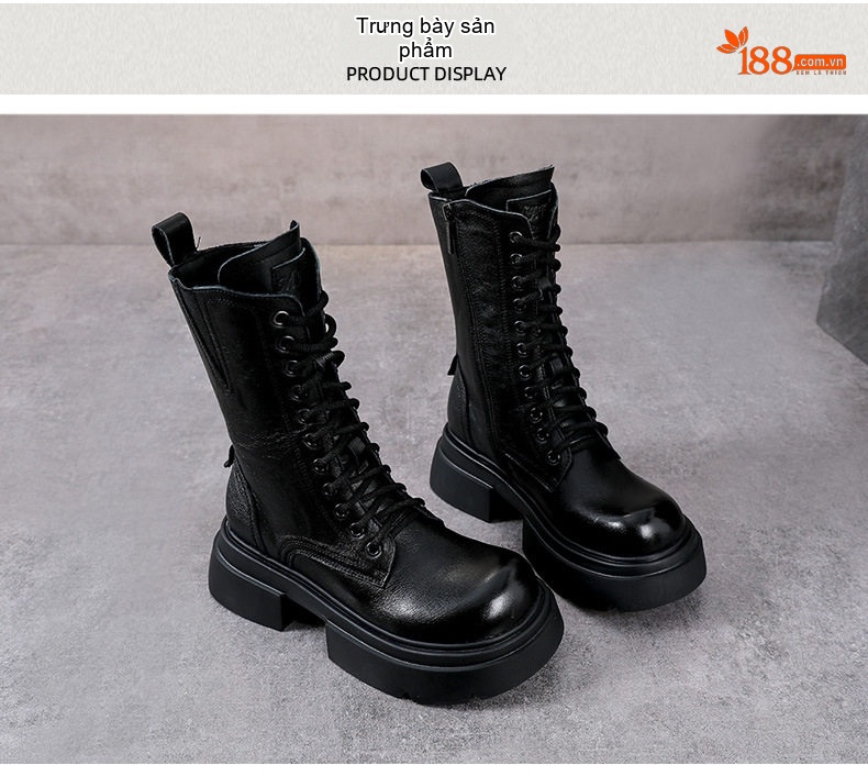 Boot Nữ Da Bò Cổ Lửng Dây Buộc Phong Cách Retro Anh Quốc Chiều Cao Đế Khoảng 5cm Màu Nâu, Đen chi tiết 10