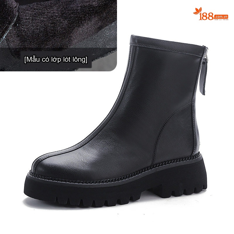 Boot Nữ Da Bò Cổ Lửng Đế Bánh Mì Chiều Cao Đế Khoảng 5cm Phong Cách Anh Quốc Màu Đen, Nâu