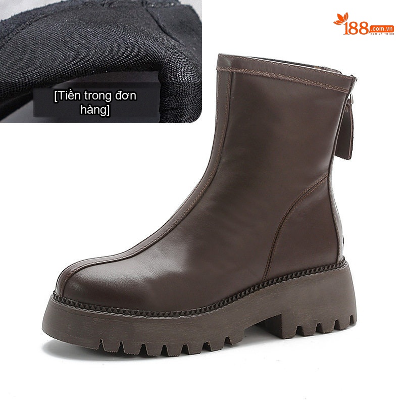 Boot Nữ Da Bò Cổ Lửng Đế Bánh Mì Chiều Cao Đế Khoảng 5cm Phong Cách Anh Quốc Màu Đen, Nâu