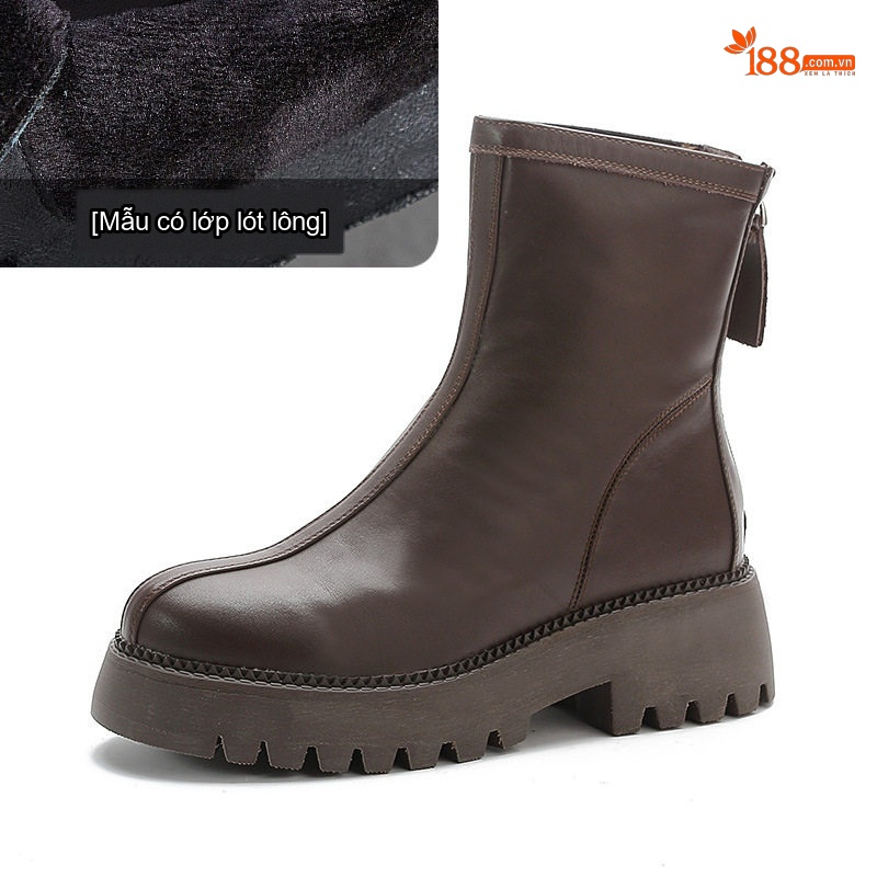 Boot Nữ Da Bò Cổ Lửng Đế Bánh Mì Chiều Cao Đế Khoảng 5cm Phong Cách Anh Quốc Màu Đen, Nâu
