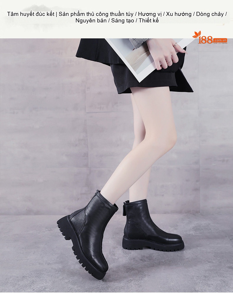 Boot Nữ Da Bò Cổ Lửng Đế Bánh Mì Chiều Cao Đế Khoảng 5cm Phong Cách Anh Quốc Màu Đen, Nâu chi tiết 1