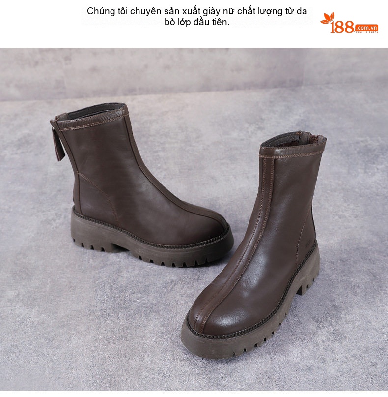 Boot Nữ Da Bò Cổ Lửng Đế Bánh Mì Chiều Cao Đế Khoảng 5cm Phong Cách Anh Quốc Màu Đen, Nâu chi tiết 2