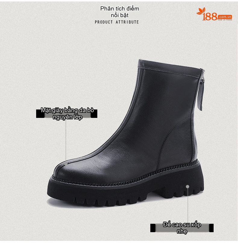 Boot Nữ Da Bò Cổ Lửng Đế Bánh Mì Chiều Cao Đế Khoảng 5cm Phong Cách Anh Quốc Màu Đen, Nâu chi tiết 3