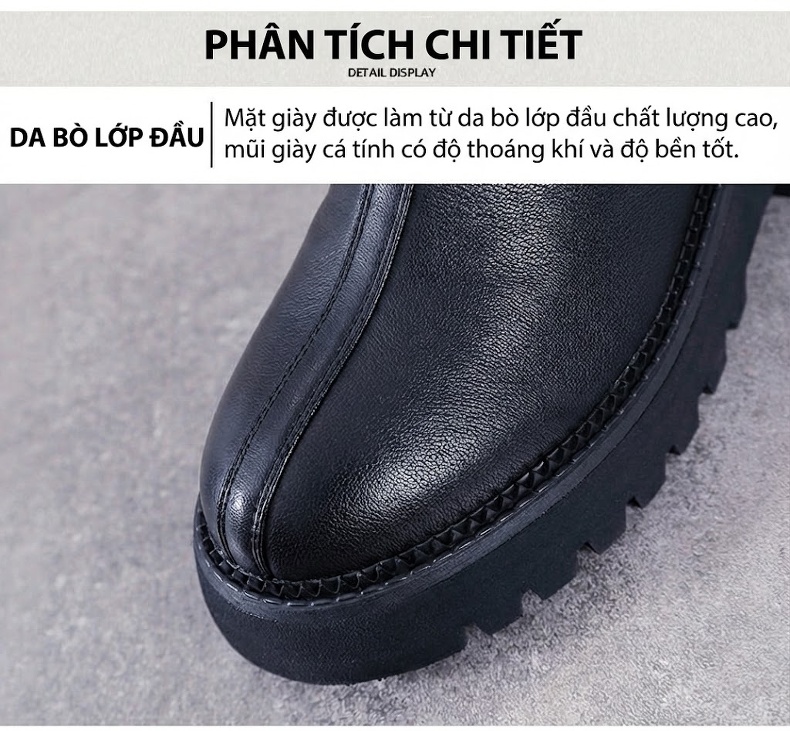 Boot Nữ Da Bò Cổ Lửng Đế Bánh Mì Chiều Cao Đế Khoảng 5cm Phong Cách Anh Quốc Màu Đen, Nâu chi tiết 4