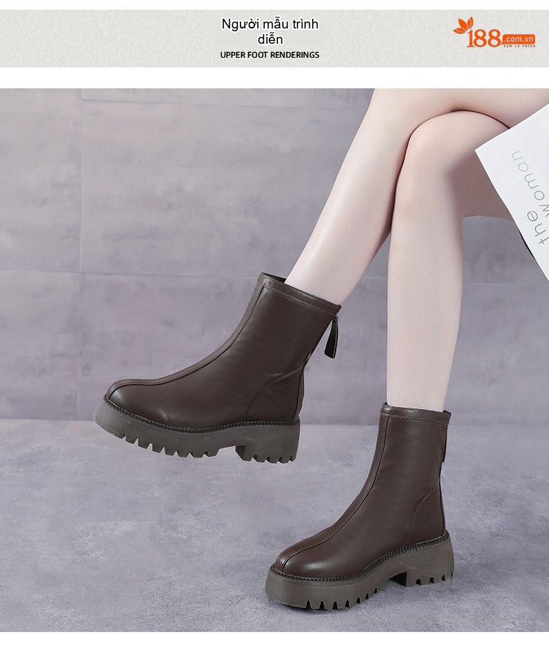 Boot Nữ Da Bò Cổ Lửng Đế Bánh Mì Chiều Cao Đế Khoảng 5cm Phong Cách Anh Quốc Màu Đen, Nâu chi tiết 9