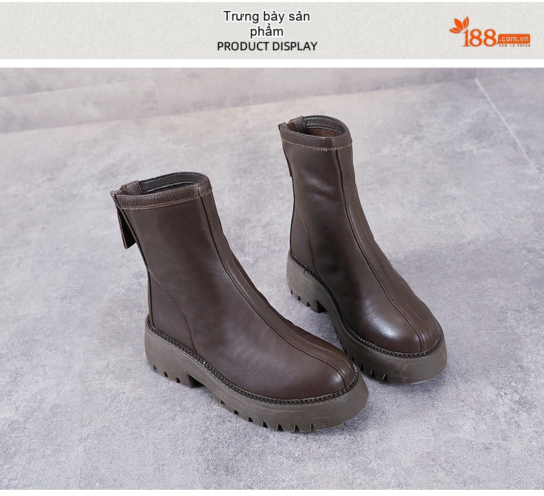 Boot Nữ Da Bò Cổ Lửng Đế Bánh Mì Chiều Cao Đế Khoảng 5cm Phong Cách Anh Quốc Màu Đen, Nâu chi tiết 10