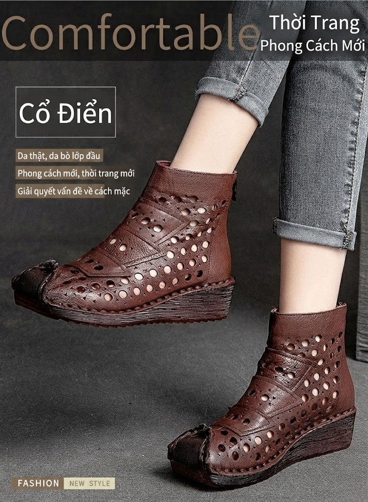 Boot Nữ Da Bò Cổ Lửng Đế Xuồng Chiều Cao Đế Khoảng 5cm Thiết Kế Khoét Lỗ Màu Nâu, Đen, Kem... chi tiết 2