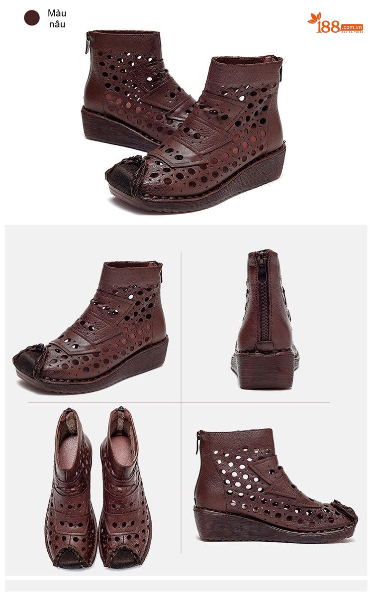 Boot Nữ Da Bò Cổ Lửng Đế Xuồng Chiều Cao Đế Khoảng 5cm Thiết Kế Khoét Lỗ Màu Nâu, Đen, Kem... chi tiết 18