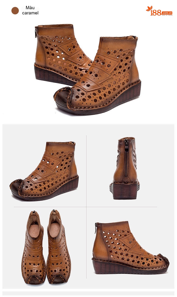 Boot Nữ Da Bò Cổ Lửng Đế Xuồng Chiều Cao Đế Khoảng 5cm Thiết Kế Khoét Lỗ Màu Nâu, Đen, Kem... chi tiết 21