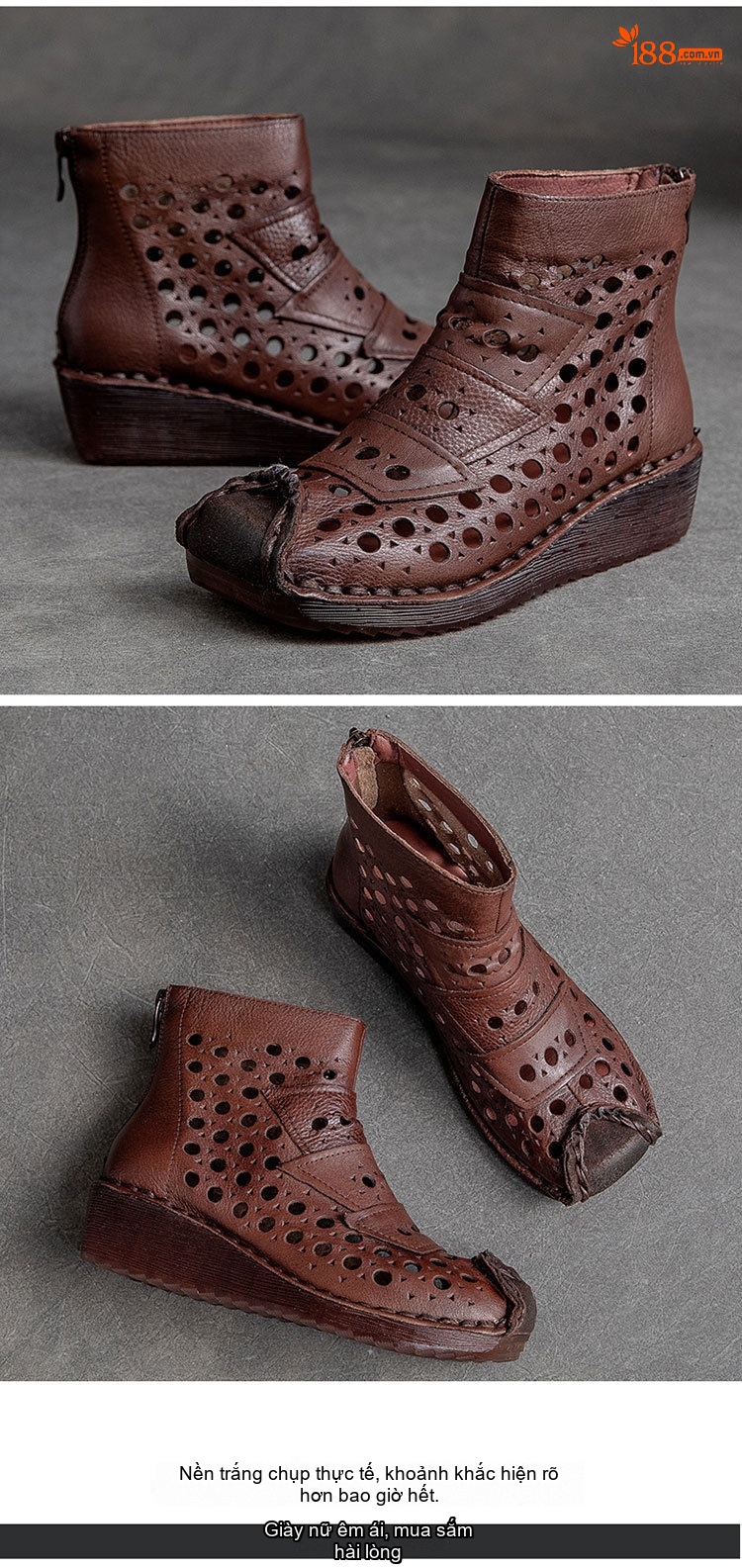 Boot Nữ Da Bò Cổ Lửng Đế Xuồng Chiều Cao Đế Khoảng 5cm Thiết Kế Khoét Lỗ Màu Nâu, Đen, Kem... chi tiết 32