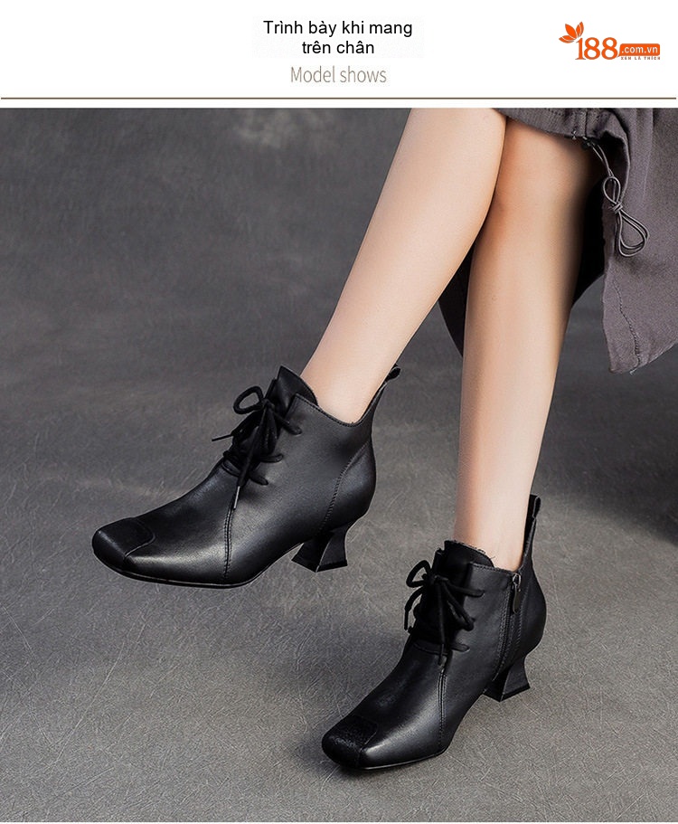 Boot Nữ Da Bò Cổ Lửng Gót Vuông Chiều Cao Đế Khoảng 5cm Màu Đen, Nâu chi tiết 6