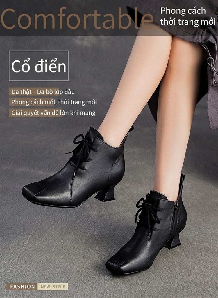 Boot Nữ Da Bò Cổ Lửng Gót Vuông Chiều Cao Đế Khoảng 5cm Màu Đen, Nâu chi tiết 1