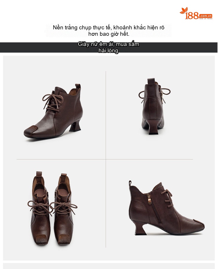 Boot Nữ Da Bò Cổ Lửng Gót Vuông Chiều Cao Đế Khoảng 5cm Màu Đen, Nâu chi tiết 15