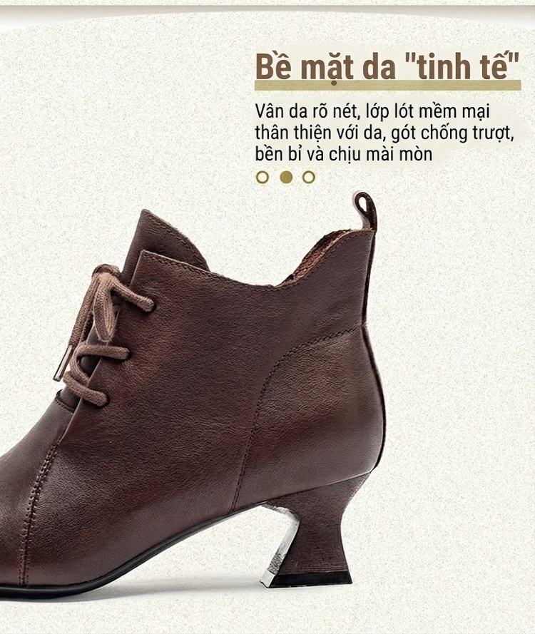 Boot Nữ Da Bò Cổ Lửng Gót Vuông Chiều Cao Đế Khoảng 5cm Màu Đen, Nâu chi tiết 2