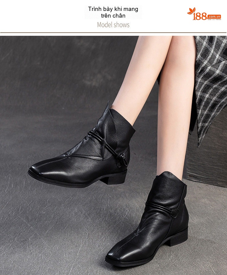 Boot Nữ Da Bò Cổ Lửng Phong Cách Anh Quốc Chiều Cao Đế Khoảng 3cm Màu Đen, Nâu chi tiết 8