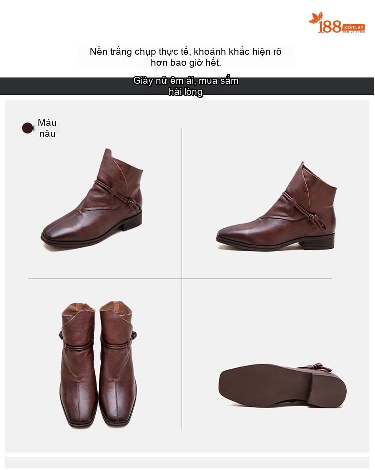 Boot Nữ Da Bò Cổ Lửng Phong Cách Anh Quốc Chiều Cao Đế Khoảng 3cm Màu Đen, Nâu chi tiết 17