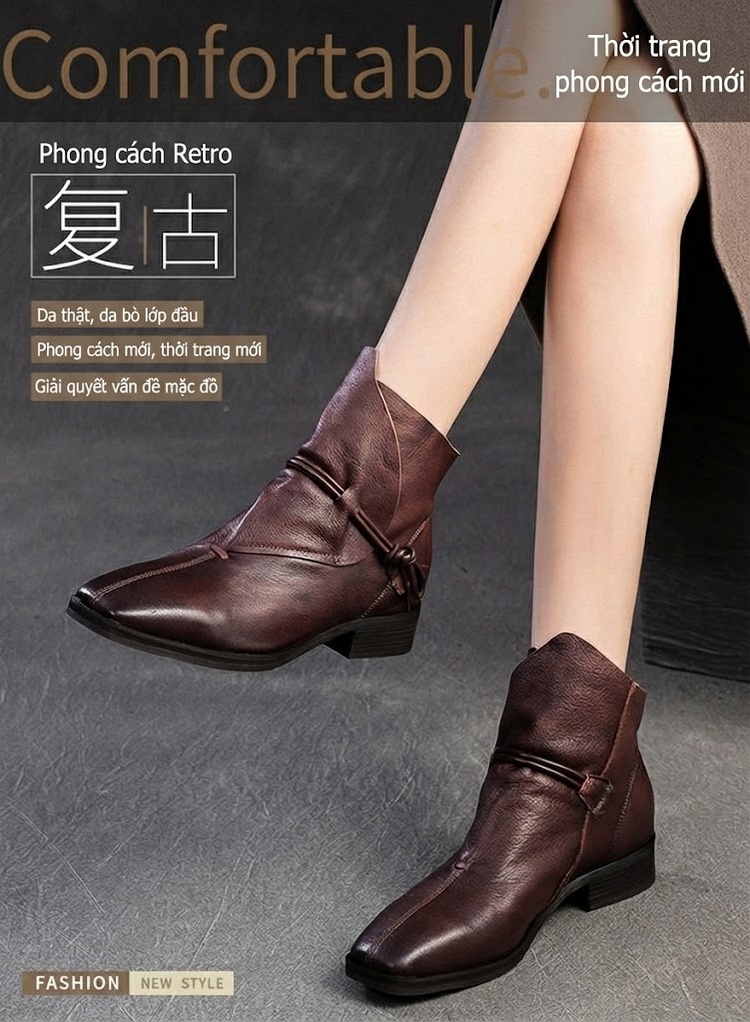 Boot Nữ Da Bò Cổ Lửng Phong Cách Anh Quốc Chiều Cao Đế Khoảng 3cm Màu Đen, Nâu chi tiết 2