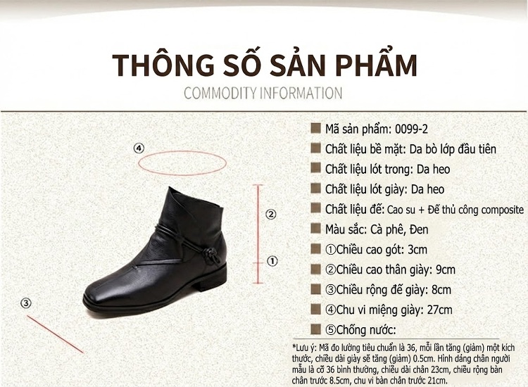 Boot Nữ Da Bò Cổ Lửng Phong Cách Anh Quốc Chiều Cao Đế Khoảng 3cm Màu Đen, Nâu chi tiết 3