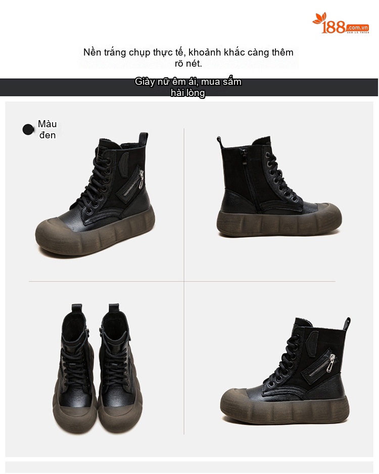 Boot Nữ Da Bò Cổ Lửng Phong Cách Anh Quốc Chiều Cao Đế Khoảng 4cm Màu Đen, Nâu chi tiết 17
