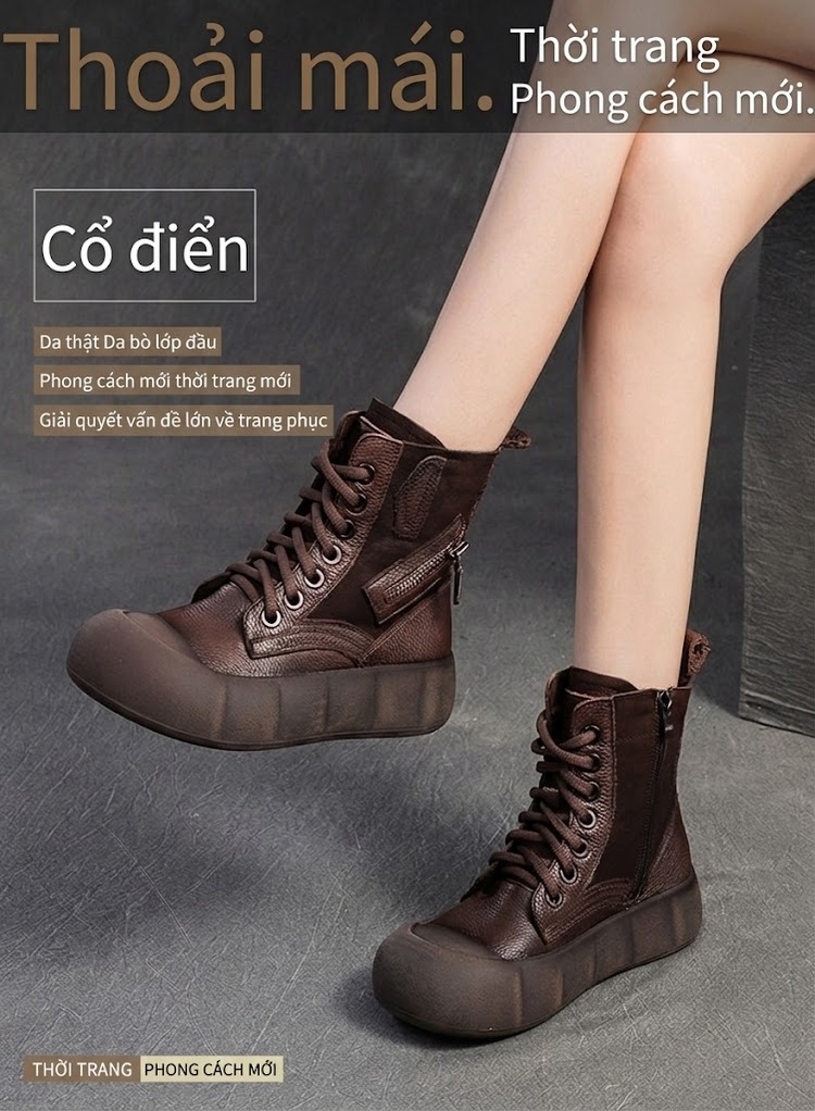 Boot Nữ Da Bò Cổ Lửng Phong Cách Anh Quốc Chiều Cao Đế Khoảng 4cm Màu Đen, Nâu chi tiết 1