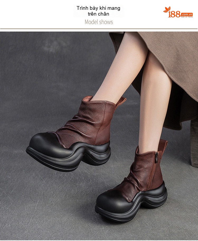 Boot Nữ Da Bò Cổ Lửng Phong Cách Anh Quốc Chiều Cao Đế Khoảng 5cm Màu Đen, Nâu chi tiết 7