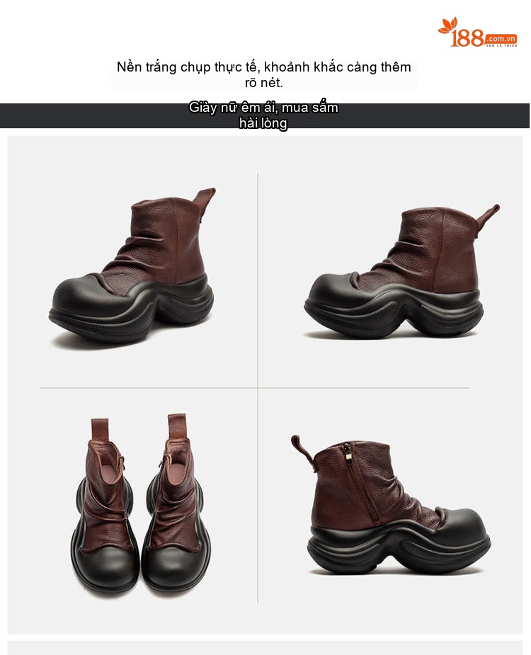 Boot Nữ Da Bò Cổ Lửng Phong Cách Anh Quốc Chiều Cao Đế Khoảng 5cm Màu Đen, Nâu chi tiết 16
