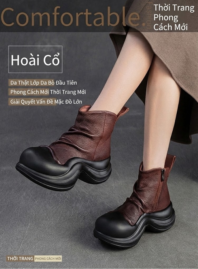 Boot Nữ Da Bò Cổ Lửng Phong Cách Anh Quốc Chiều Cao Đế Khoảng 5cm Màu Đen, Nâu chi tiết 1