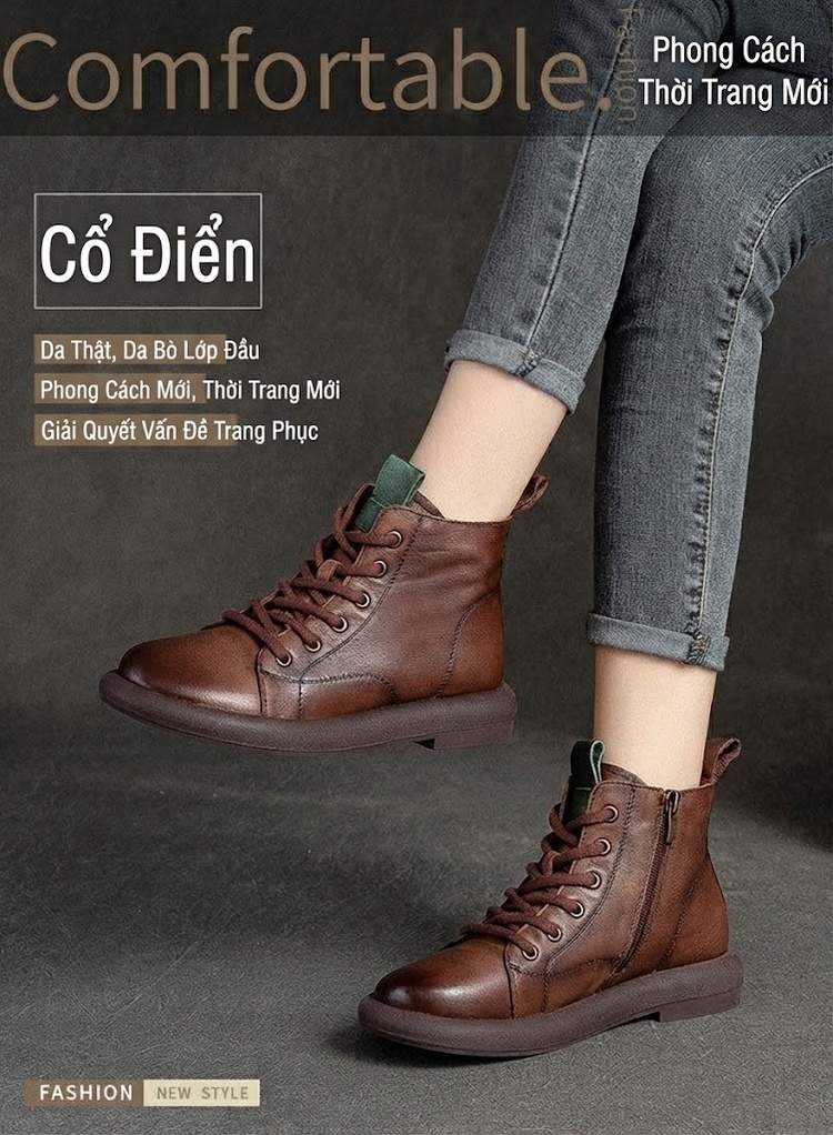Boot Nữ Da Bò Cổ Ngắn Chiều Cao Đế Khoảng 3cm Màu Đen, Nâu chi tiết 1
