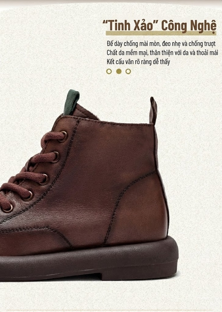 Boot Nữ Da Bò Cổ Ngắn Chiều Cao Đế Khoảng 3cm Màu Đen, Nâu chi tiết 2