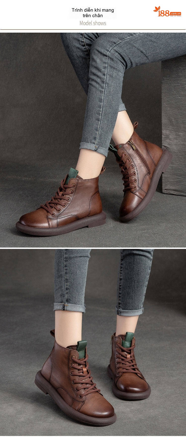 Boot Nữ Da Bò Cổ Ngắn Chiều Cao Đế Khoảng 3cm Màu Đen, Nâu chi tiết 6
