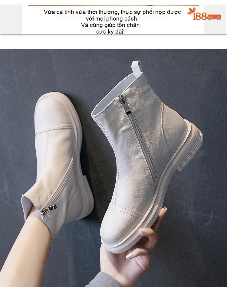 Boot Nữ Da Bò Cổ Ngắn Chiều Cao Đế Khoảng 3cm Màu Đen, Trắng Kem chi tiết 2