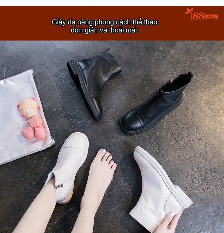 Boot Nữ Da Bò Cổ Ngắn Chiều Cao Đế Khoảng 3cm Màu Đen, Trắng Kem chi tiết 3