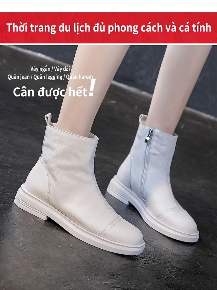 Boot Nữ Da Bò Cổ Ngắn Chiều Cao Đế Khoảng 3cm Màu Đen, Trắng Kem chi tiết 5