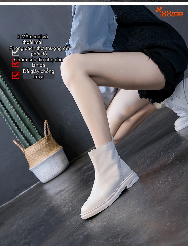 Boot Nữ Da Bò Cổ Ngắn Chiều Cao Đế Khoảng 3cm Màu Đen, Trắng Kem chi tiết 6